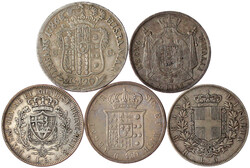 5 Silbermünzen in Talergröße: Sizilien 120 Grani 1786, Neapel 120 ...