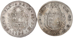 2 Stück: 8 Reales 1825 Lima und 1827 Cuzco. beide sehr schön, ...