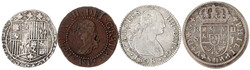 4 Münzen: 2 Reales 1723 Sevilla, 1808 Sevilla, Real Ferdinand und ...