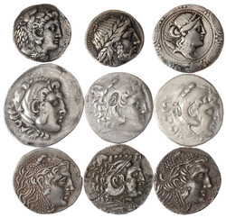 Kl. Sammlung von 9 versch. makedonischen Tetradrachmen: Philipp II., ...