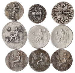 Kl. Sammlung von 9 versch. makedonischen Tetradrachmen: Philipp II., ...