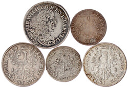 5 Silbermünzen: Sechsgröscher 1683, 1684, 18-Gröscher 1684, 1685, ...