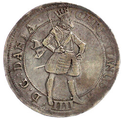 2 Kronen 1618, Kopenhagen. Der König steht r. im Harnisch und mit ...