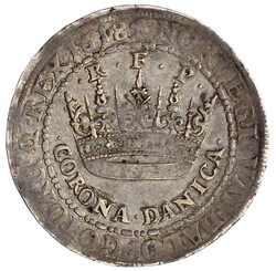 2 Kronen 1618, Kopenhagen. Der König steht r. im Harnisch und mit ...