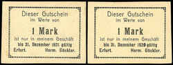 Herm. Göckler, 2x 1 Mark o.D. Gültig bis 31.12.1921. Vogelschau und ...