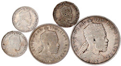 5 Silbermünzen: 3 X Gersh, 1/4 Birr, 1/2 Birr. schön bis sehr schön