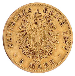 5 Mark 1877 H gutes sehr schön, leichte Randunebenheit
