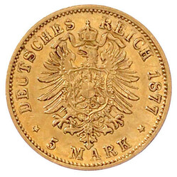 5 Mark 1877 H. sehr schön/vorzüglich, min. Kratzer