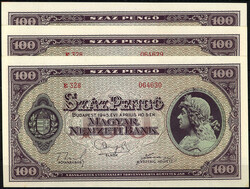 9x 100 Pengö 5.4.1945. 7x Fortlaufende KN. 064615 - 064621 u. 1 paar ...