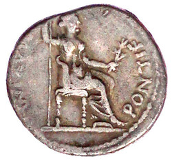 Denar 14/37, Lugdunum. Belorb. Kopf r./PONTIF MAXIM. Livia sitzt r., ...