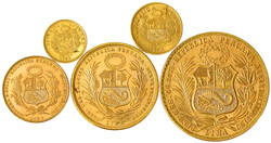 Serie von 5 Goldmünzen: 100 Soles 1967, 50 Soles 1964, 20 Soles 1967 ...