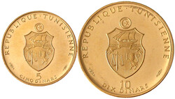 2 Stück: 5 und 10 Dinars 1979 mit französischer Legende. 9,41 g. ...