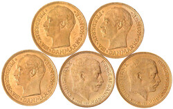 5 verschiedene 20 Kronen: 1909, 1911, 1912, 1914, 1915. Je 8,96 g. ...