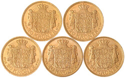 5 verschiedene 20 Kronen: 1909, 1911, 1912, 1914, 1915. Je 8,96 g. ...