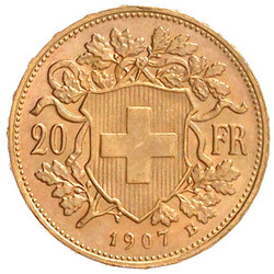 20 Franken Vreneli 1907 B. 6,45 g. 900/1000. fast Stempelglanz