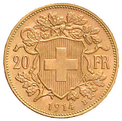 20 Franken Vreneli 1914 B. 6,45 g. 900/1000. fast Stempelglanz