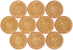 10 X 20 Franken Vreneli 1930 B. Je 6,45 g. 900/1000. alle prägefrisch