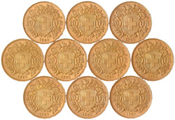 10 X 20 Franken Vreneli 1930 B. Je 6,45 g. 900/1000. alle prägefrisch