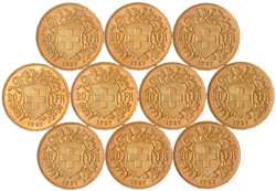 10 X 20 Franken Vreneli 1927 B. Je 6,45 g. 900/1000. alle prägefrisch