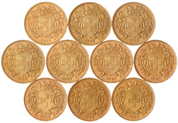10 X 20 Franken Vreneli: 1914 B, 3 X 1922 B, 3 X 1927 B und 3 X 1935 ...