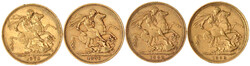 4 versch. Sovereign: 1876 S, 1879 M, 1888 M und 1889 S. Je 7,98 g. ...