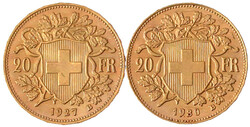 2 X 20 Franken Vreneli: 1927 B und 1930 B. Je 6,45 g. 900/1000. beide ...