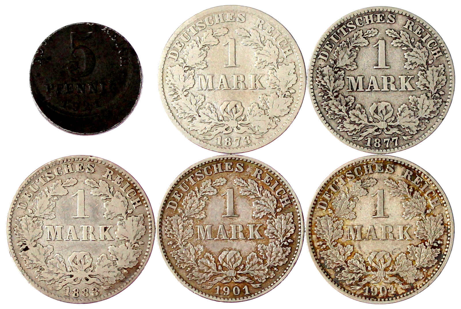 6 Münzen: 1 Mark 1873 C, 1877 B, 1883 J, 1901 G, 1904 G, 5 Pfennig ...