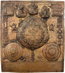 Mandala: rechteckige Kupferplatte, Relief 3 Mandalas, 3 Götter, etc. ...