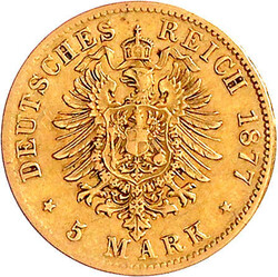 5 Mark 1877 J. gutes sehr schön, winz. Randfehler