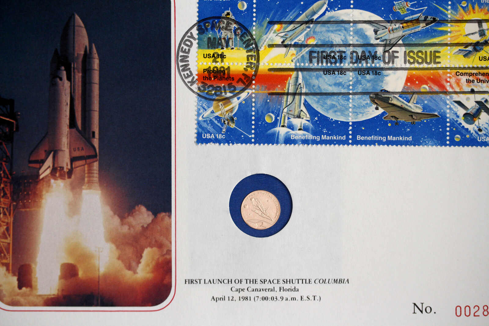 Ersttagsbrief mit kleiner 585er Goldmedaille 1981. Erstflug der Space ...