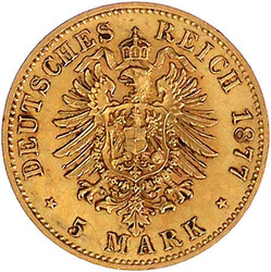 5 Mark 1877 B. sehr schön/vorzüglich, kl. Kratzer und winz. ...