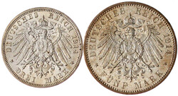 3 und 5 Mark 1914 A. Silberne Hochzeit. vorzüglich und ...