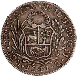 8 Reales 1841 Lima, MB. REP. PERUANA. Im Bauchbereich mehrfach ...