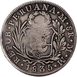 Peru 8 Reales 1835 Lima, MT, mit Gegenstempel Isabella II. ...
