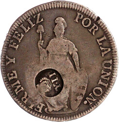 Peru 8 Reales 1833 Lima, MM, mit Gegenstempel Isabella II. ...