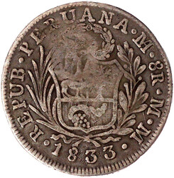 Peru 8 Reales 1833 Lima, MM, mit Gegenstempel Isabella II. ...