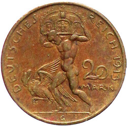 20 Mark 1913 von Goetz. Bronze, 4,25 g. vorzüglich/Stempelglanz