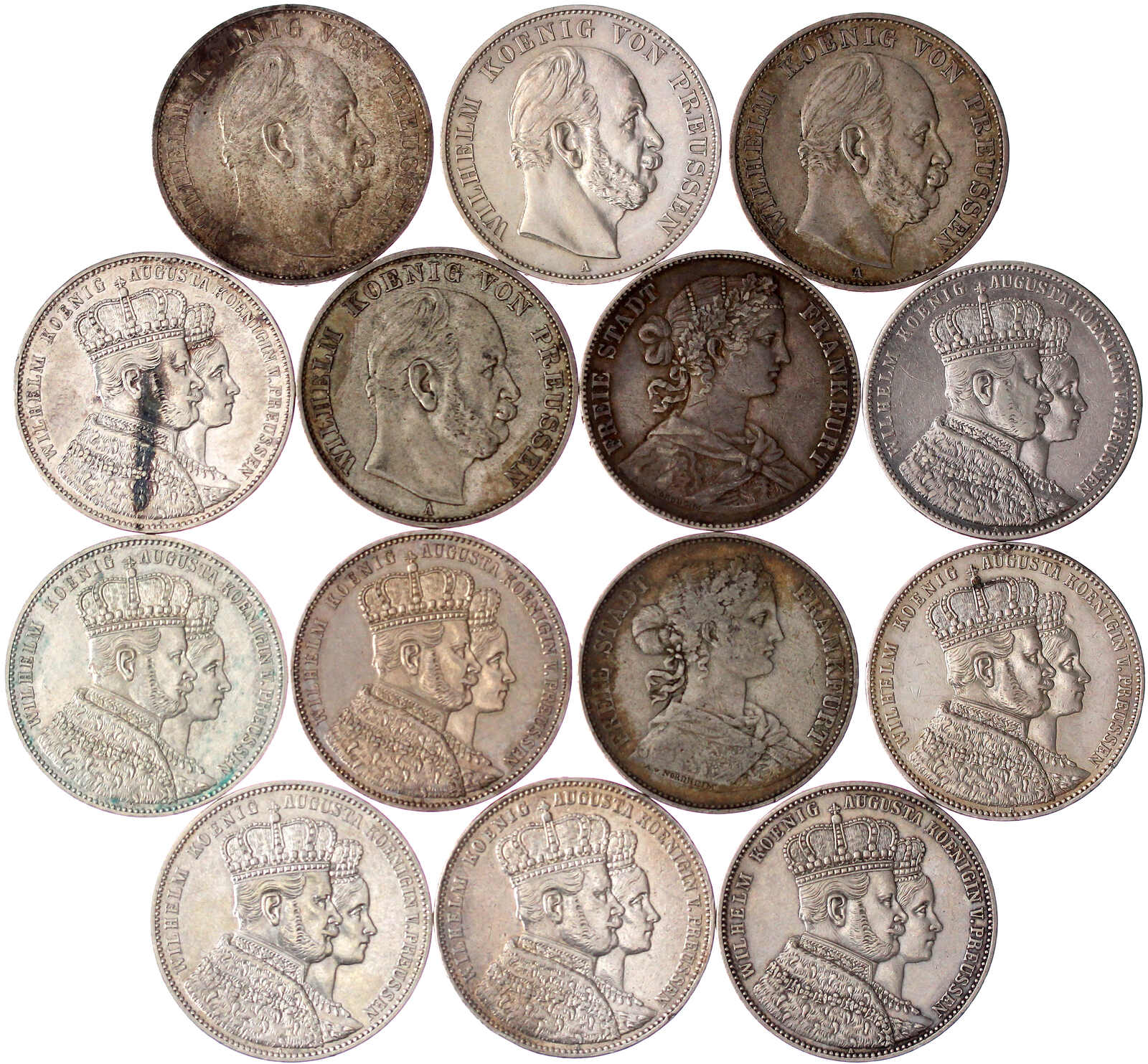 14 Taler: 8 X Preußen Krönungstaler 1861 (3 X mit Henkelspur), 4 X ...