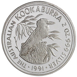 10 Dollars Kookaburra 1991. 2 Unzen Silber. Jägerlist auf Baumstumpf ...