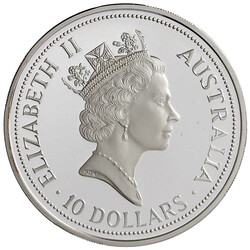 10 Dollars Kookaburra 1991. 2 Unzen Silber. Jägerlist auf Baumstumpf ...