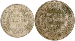 2 Stück: 50 Centimes und 1 Franc 1897. beide sehr schön, etwas Belag