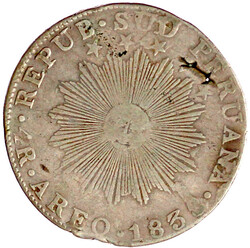 4 Reales 1838, Arequipa. schön, Schrötlingsfehler