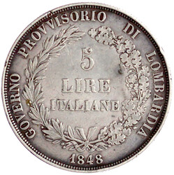 5 Lire 1848 M. sehr schön, kl. Randfehler, schöne Patina