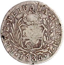 Peru 8 Reales 1835 Lima, MT, mit Gegenstempel Isabella II. ...
