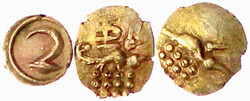 3 Fanams: 2 X Cochin, 1 X Mysore. Zusammen 0,94 g. vorzüglich