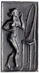 Einseitige rechteckige Eisengussplakette o.J. Frauenakt vorm Spiegel. ...