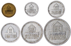 6 Konsummarken der Genossenschaftssiedlung zu 1, 5, 20, 50 Rappen, 1 ...