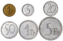 6 Konsummarken der Genossenschaftssiedlung zu 1, 5, 20, 50 Rappen, 1 ...