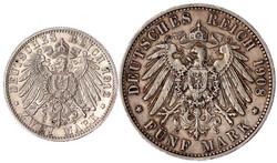 2 Münzen: 2 Mark 1912 F und 5 Mark 1908 F, beide mit markanten ...