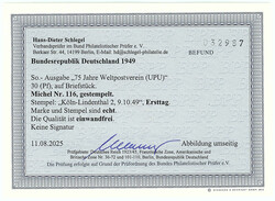 30 Pf. 75 Jahre Weltpostverein (UPU) 1949, zentrisch entertet auf ...